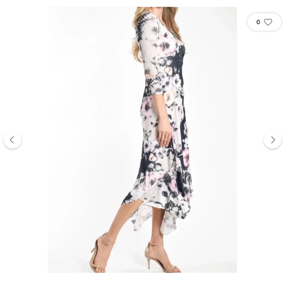 NEW Komarov Floral Print Chiffon Overlay Handkerchief Hem Dress, L - Picture 3 of 13